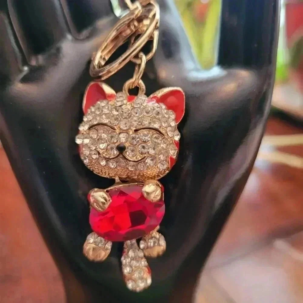Red, Black, or Blue Crystal Cat Keychain. Your Choice - Picture 5 of 12